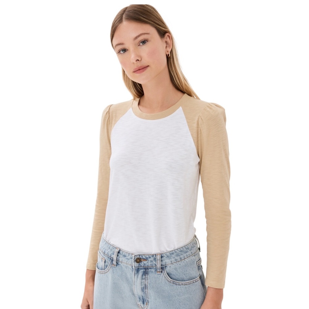 Veronica Beard Mason Baseball Tee M Tan White Pima Cotton Puff Sleeve Top
